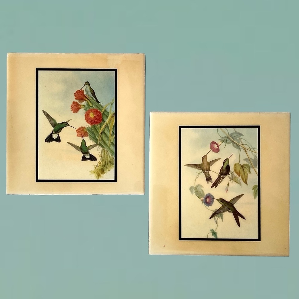 Vintage Hummingbird Hanging Art Tiles John Gould Set of 2 Glazed Ceramic 7.75”